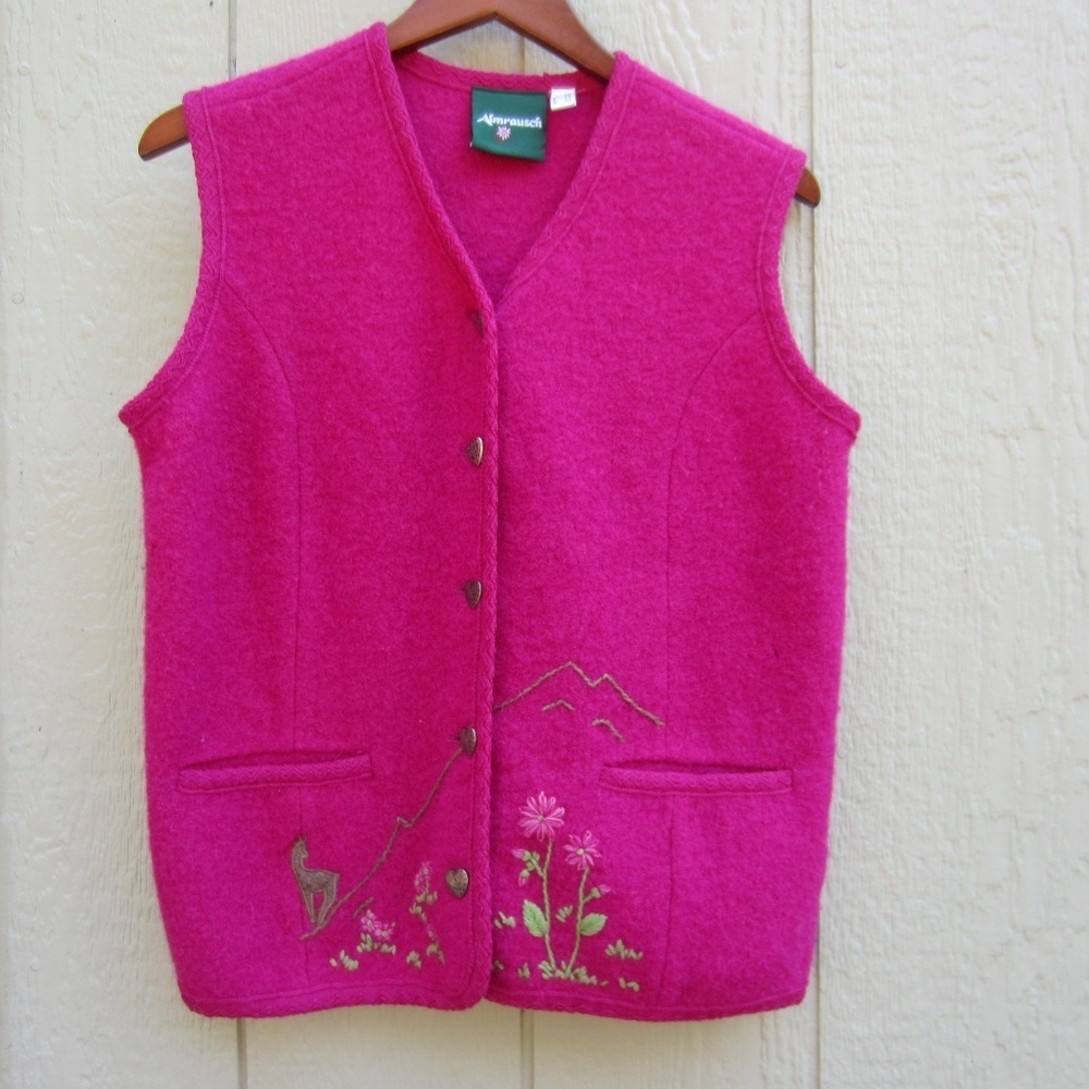 Almrausch Vest Women's 44 Buttons Pockets Embroidered 100% Wool Granny Core Fall